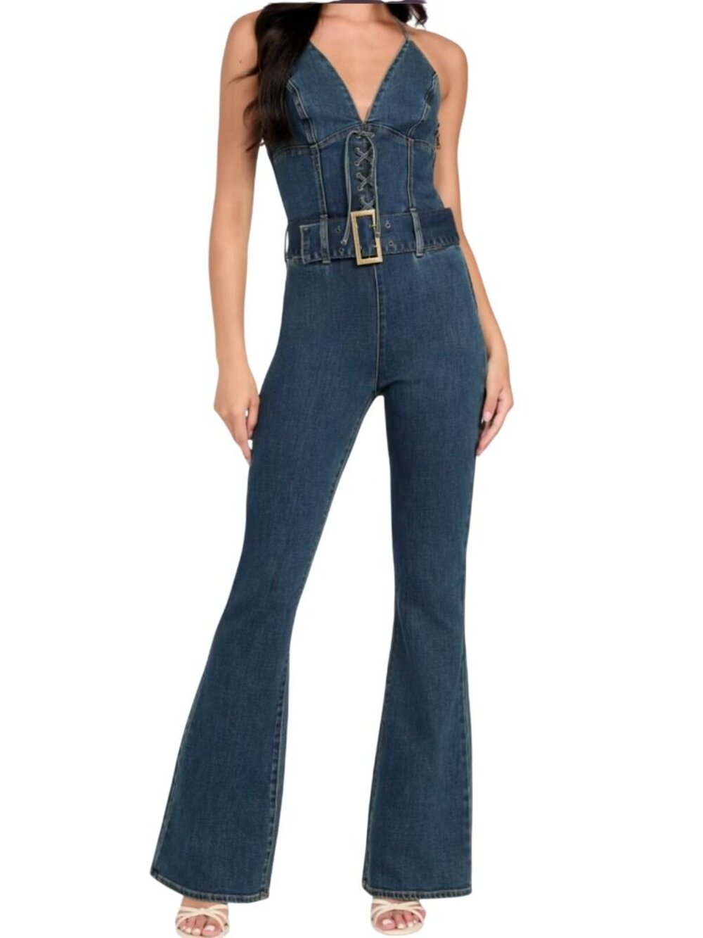 NWT GUESS Rebel Refined Fade Halter Denim Jumpsuit M MSRP $178